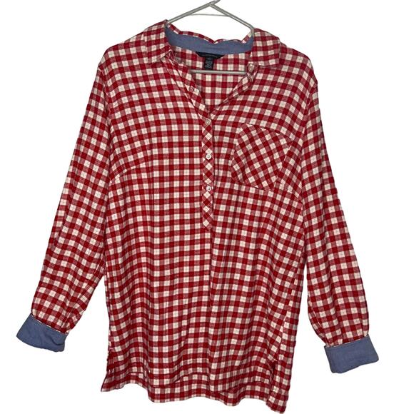 Land's End button down popover shirt top women's 14 pink flannel split hem soft - Picture 1 of 16